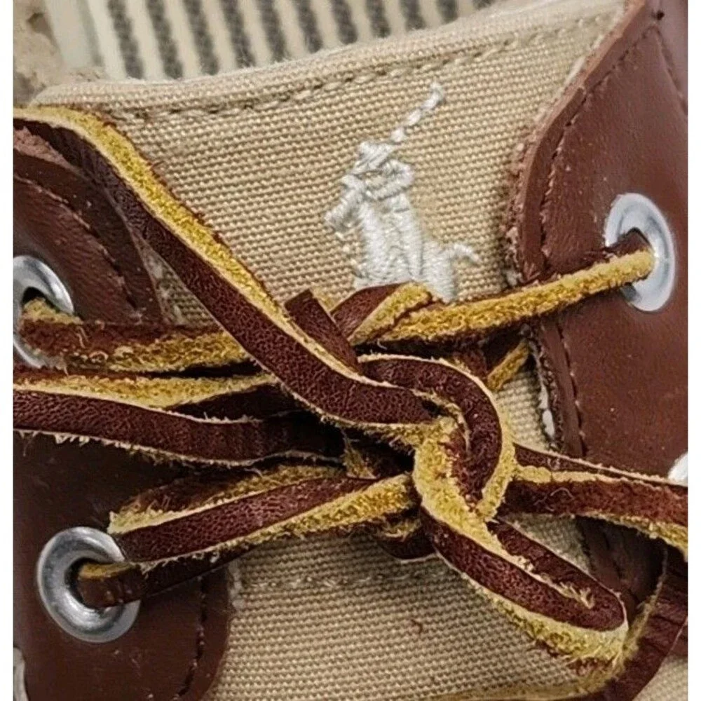 Polo Ralph Lauren Boat Shoes Men Sz 9.5 D Tan Brown Canvas Leather Rylander